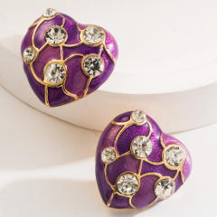 Elegant color enamel heart diamond ear studs earrings