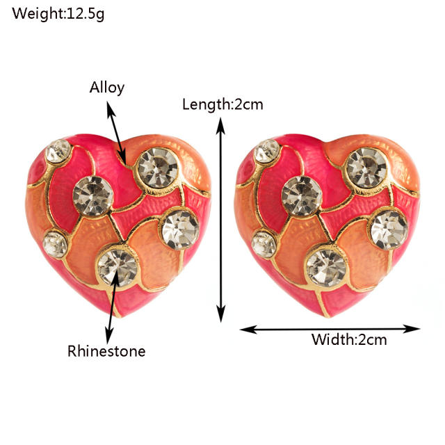Elegant color enamel heart diamond ear studs earrings