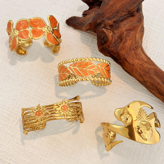 18KG orange color enamel leaf design stainless steel bangle bracelet