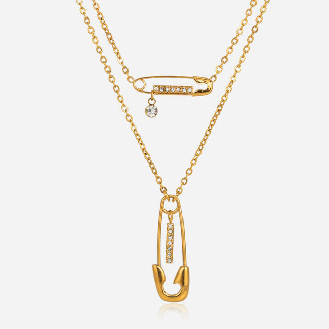 18KG classic diamond paperclip two layer stainless steel necklace dainty necklace