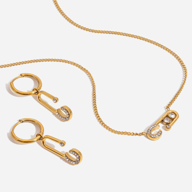 18KG diamond paperclip stainless steel necklace earrings set