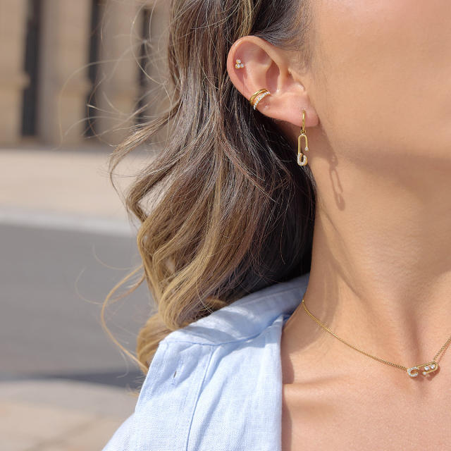 18KG diamond paperclip stainless steel necklace earrings set
