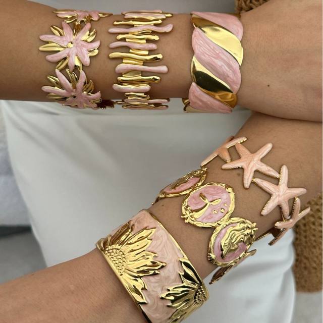 Hot sale sweet pink color enamel stainless steel bangle bracelet holiday ocean hand jewelry