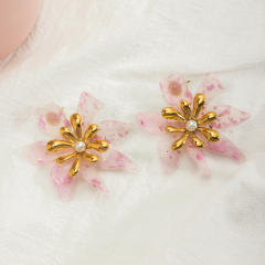 18KG sweet pink color acrylic flower stainless steel earrings