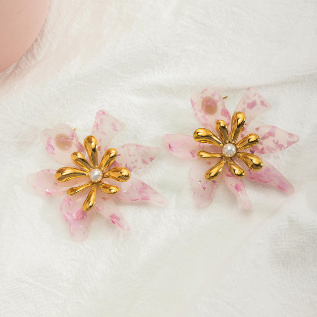 18KG sweet pink color acrylic flower stainless steel earrings