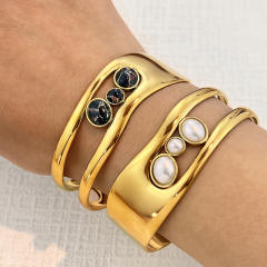 18KG pearl natural stone inlaid hollow out stainless steel bangle bracelet