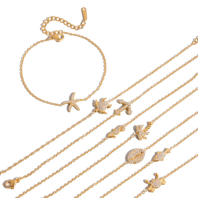 18KG holiday styel full diamond shell seahorse stainless steel necklace bracelet set