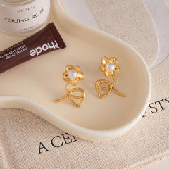 Classic Style Stainless Steel Pearl Linear Flower Earrings