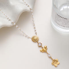 18KG pearl chain sunflower stainless steel necklace