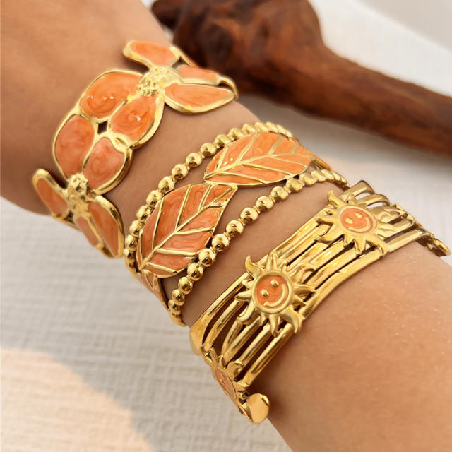 18KG orange color enamel leaf design stainless steel bangle bracelet