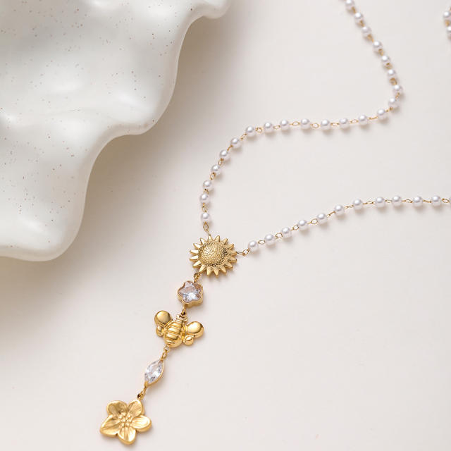 18KG pearl chain sunflower stainless steel necklace
