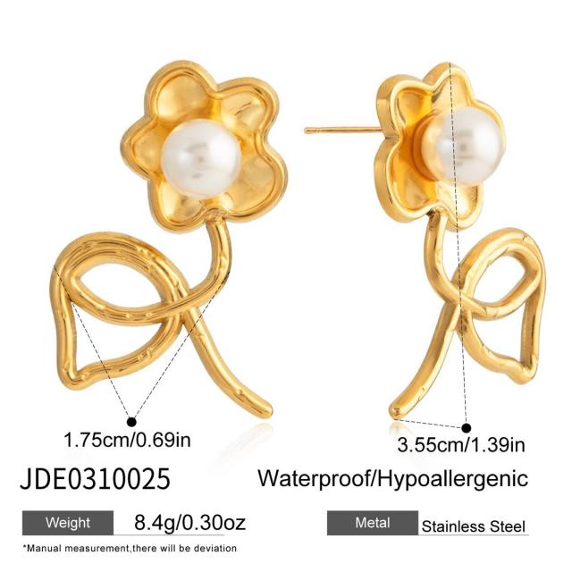 Classic Style Stainless Steel Pearl Linear Flower Earrings
