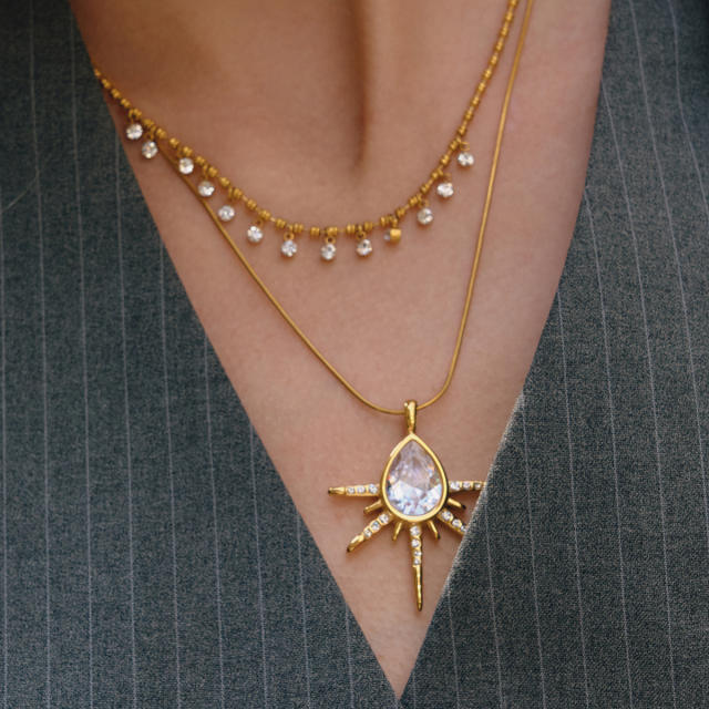 Classic diamond drop sunshine pendant stainless steel necklace