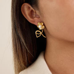 Classic Style Stainless Steel Pearl Linear Flower Earrings