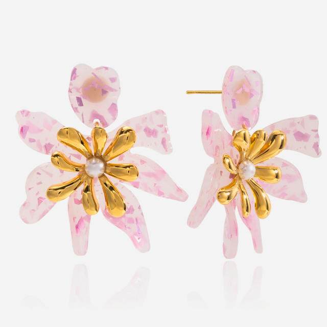 18KG sweet pink color acrylic flower stainless steel earrings