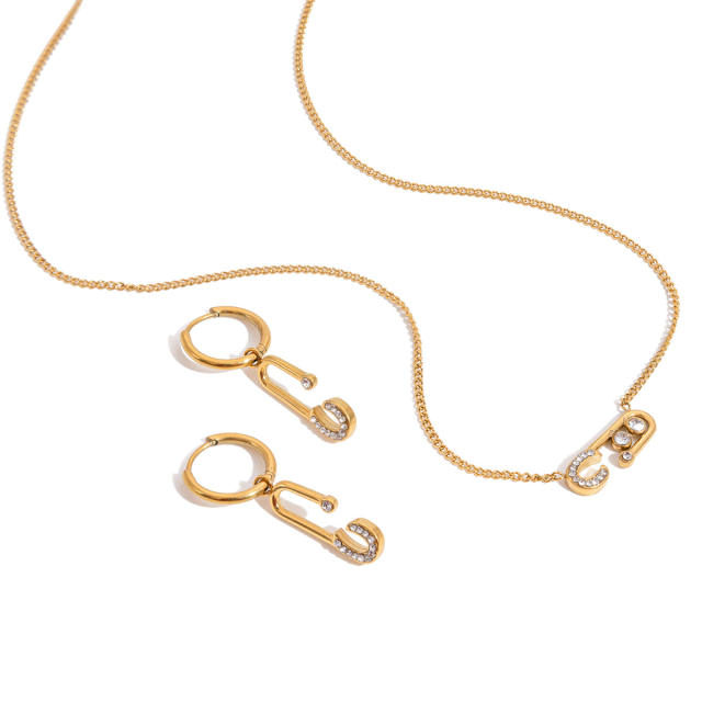 18KG diamond paperclip stainless steel necklace earrings set
