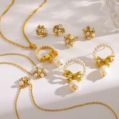 Elegant pearl bead inlaid star bow dainty stainless steel necklace earrings