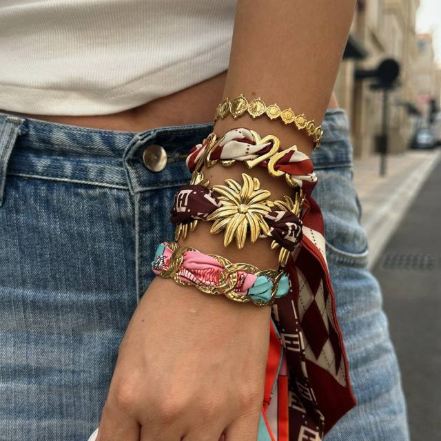 Popular Hollow Ring Stainless Steel Bracelet Flower Copper Coin Bohemian Silk Scarf Wrapped Hand Jewelry Set