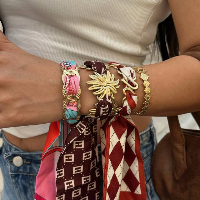 Popular Hollow Ring Stainless Steel Bracelet Flower Copper Coin Bohemian Silk Scarf Wrapped Hand Jewelry Set