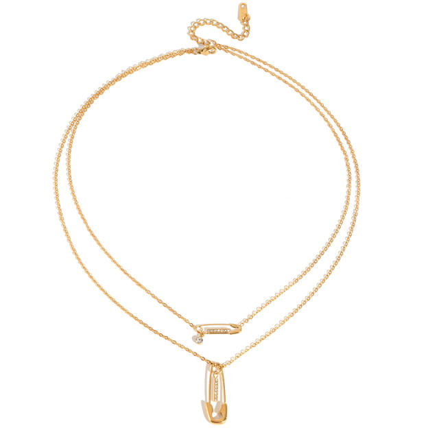 18KG classic diamond paperclip two layer stainless steel necklace dainty necklace