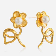 Classic Style Stainless Steel Pearl Linear Flower Earrings