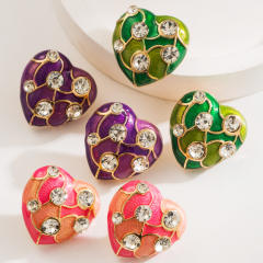 Elegant color enamel heart diamond ear studs earrings