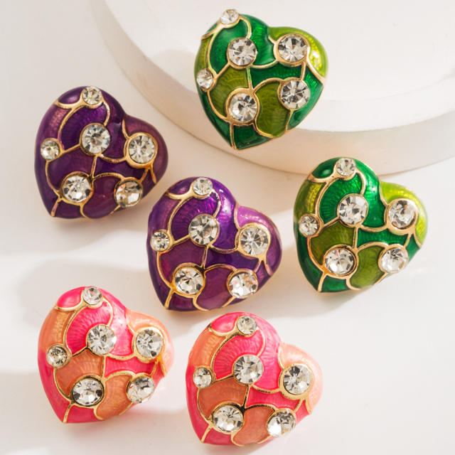 Elegant color enamel heart diamond ear studs earrings