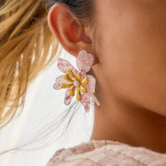 18KG sweet pink color acrylic flower stainless steel earrings