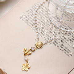 18KG pearl chain sunflower stainless steel necklace