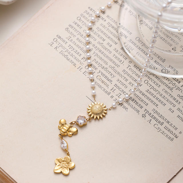 18KG pearl chain sunflower stainless steel necklace