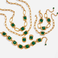 Green glass crystal inlaid stainless steel bracelet earrings set