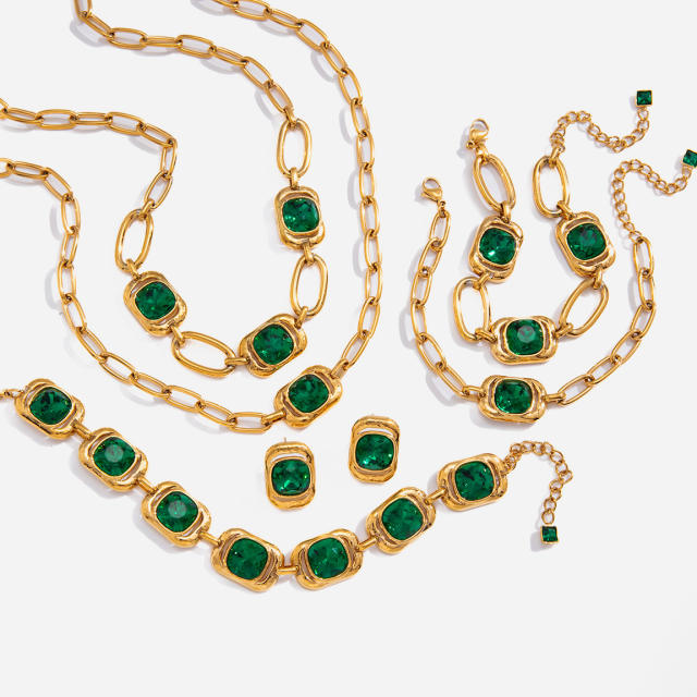 Green glass crystal inlaid stainless steel bracelet earrings set