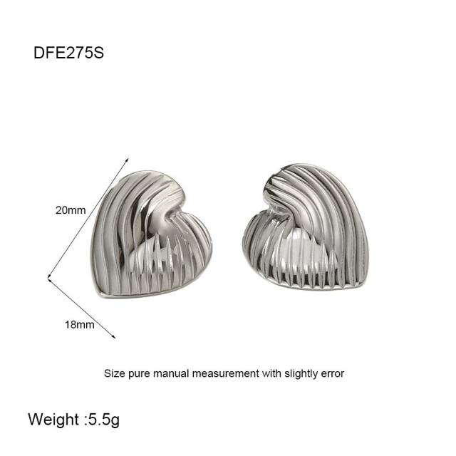 18KG striped pattern geometric heart stainless steel earrings studs