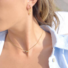 18KG diamond paperclip stainless steel necklace earrings set
