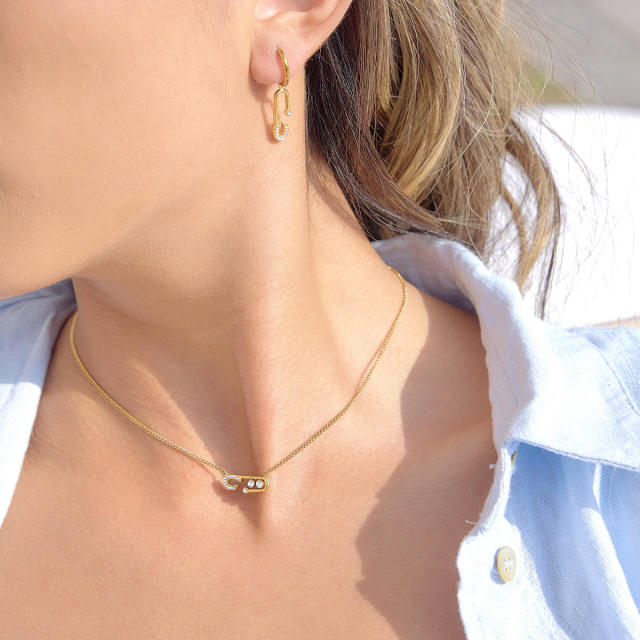 18KG diamond paperclip stainless steel necklace earrings set