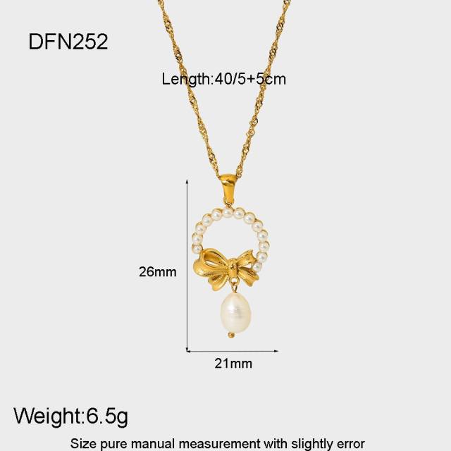 Elegant pearl bead inlaid star bow dainty stainless steel necklace earrings