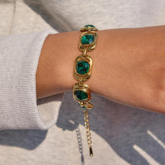 Green glass crystal inlaid stainless steel bracelet earrings set
