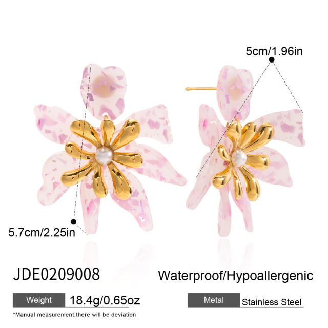 18KG sweet pink color acrylic flower stainless steel earrings