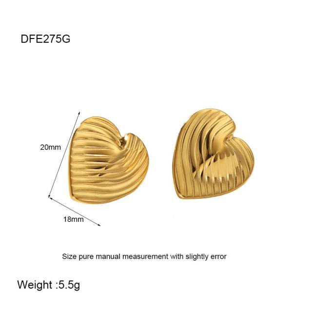 18KG striped pattern geometric heart stainless steel earrings studs