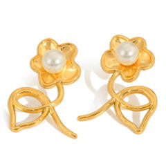 Classic Style Stainless Steel Pearl Linear Flower Earrings