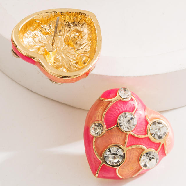 Elegant color enamel heart diamond ear studs earrings