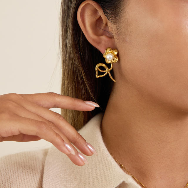 Classic Style Stainless Steel Pearl Linear Flower Earrings