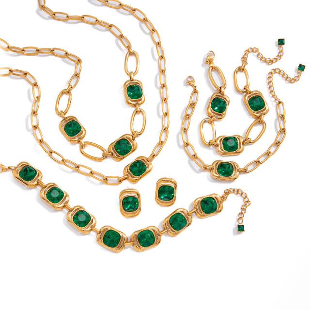 Green glass crystal inlaid stainless steel bracelet earrings set