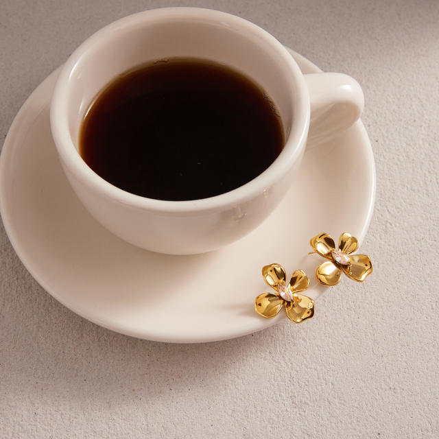 Elegant Stainless Steel Flower Zircon Stud Earrings
