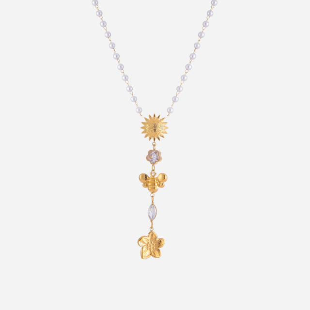 18KG pearl chain sunflower stainless steel necklace