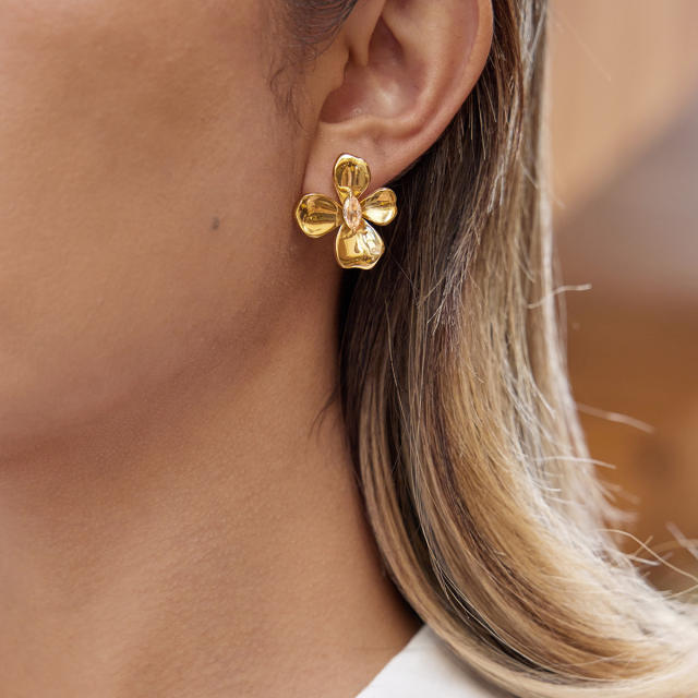 Elegant Stainless Steel Flower Zircon Stud Earrings