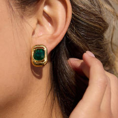 Green glass crystal inlaid stainless steel bracelet earrings set