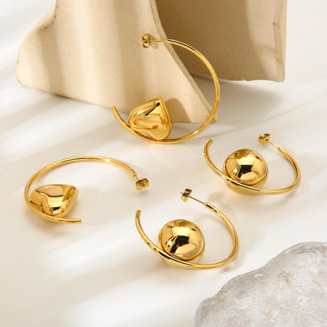 Exaggerated Glossy Round Ball Heart-Shaped Stainless Steel Earrings