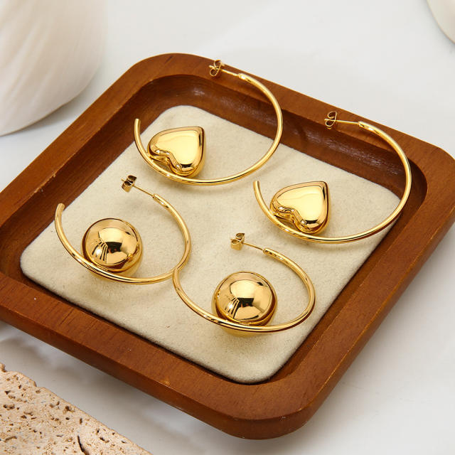Exaggerated Glossy Round Ball Heart-Shaped Stainless Steel Earrings