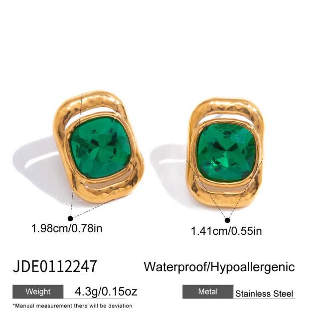 Green glass crystal inlaid stainless steel bracelet earrings set
